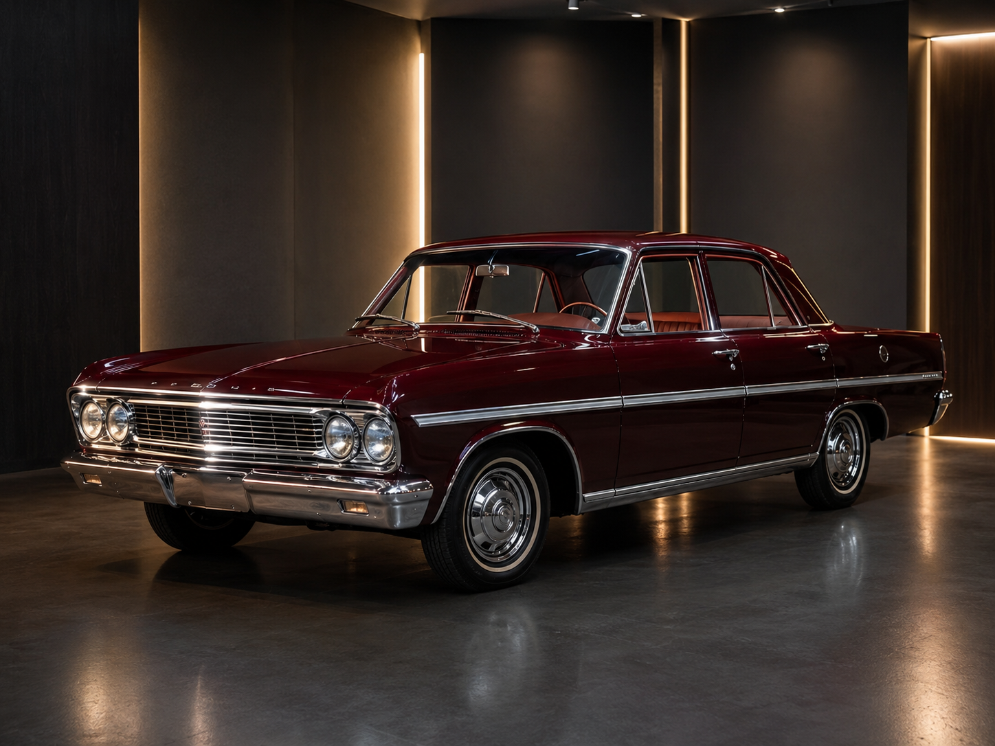 Automóvil clásico en un showroom oscuro